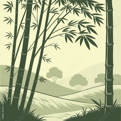 Serene bamboo forest silhouette against a soft rolling landscape with stylized trees and grass in muted green tones