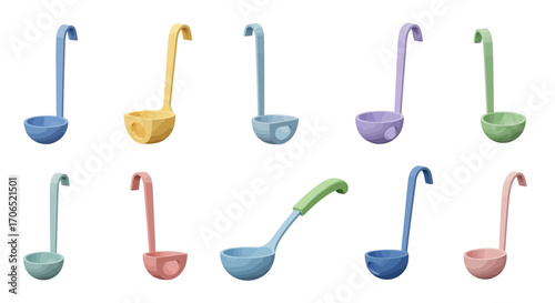 Colorful Plastic Kitchen Ladles Set with Long Handles and Deep Scoops.
