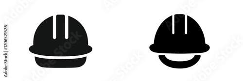 Two construction helmet icons designed for safety and professionalism, showcasing simple and modern styles in black silhouette