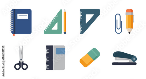Colorful school and office stationery collection - notebooks, rulers, pencils, scissors, eraser, stapler, and paperclip.