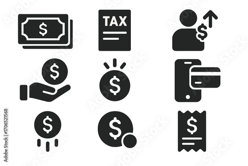 Financial symbols depicting transactions, tax documents, and payment methods in a modern context
