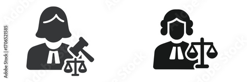 Female judge and lawyer icons with gavel and scales symbolizing justice in a legal context