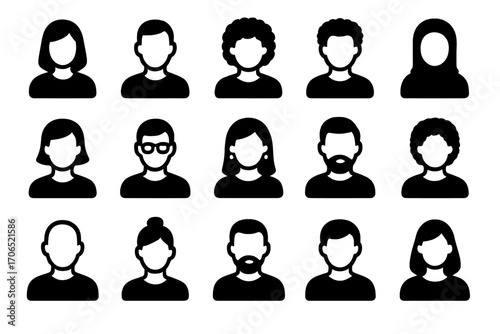 Diverse group of abstract human figures representing different genders and hairstyles in a grid layout