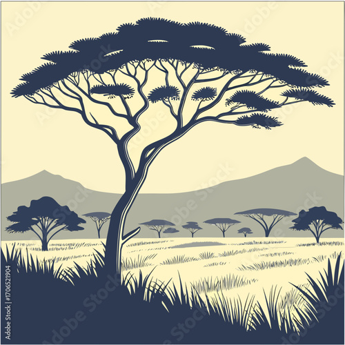 Stylized illustration of a classic african savanna landscape with a prominent acacia tree in the foreground and rolling hills in the background under a soft yellow sky