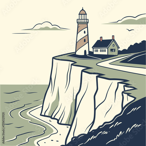 Stylized illustration of a classic striped lighthouse standing tall on a dramatic cliff overlooking the ocean with a small house nearby and a winding path