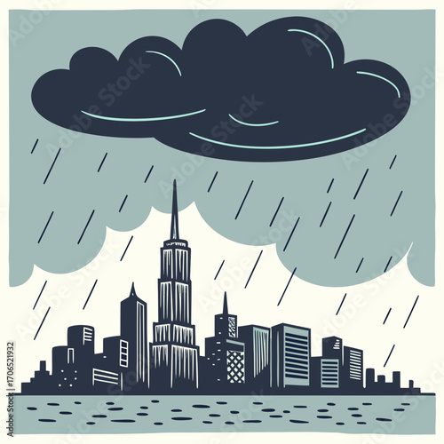 Stylized illustration of a dark stormy cloud raining over a city skyline with tall buildings and a body of water below