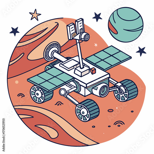 Stylized illustration of a mars rover exploring a red planet surface with a distant planet and stars in the background