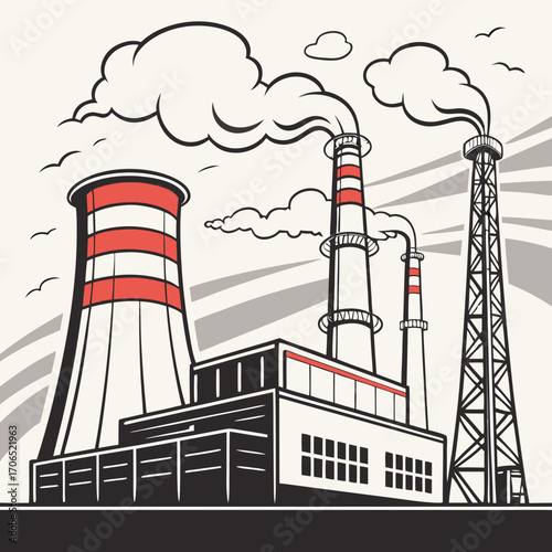 Stylized illustration of a modern industrial power plant with cooling towers and smokestacks emitting plumes of smoke against a backdrop of stylized clouds and sunrays