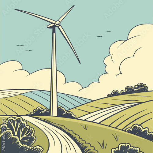 Stylized illustration of a single wind turbine standing tall in a picturesque rural landscape with rolling hills and cultivated fields under a cloudy sky