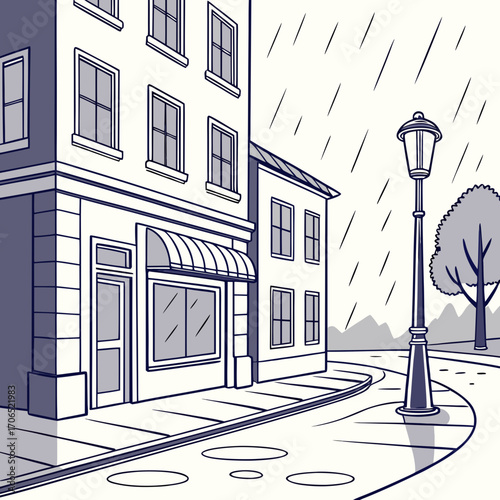 Stylized illustration of a quaint street corner with buildings and a lamppost on a rainy day with puddles reflecting the light