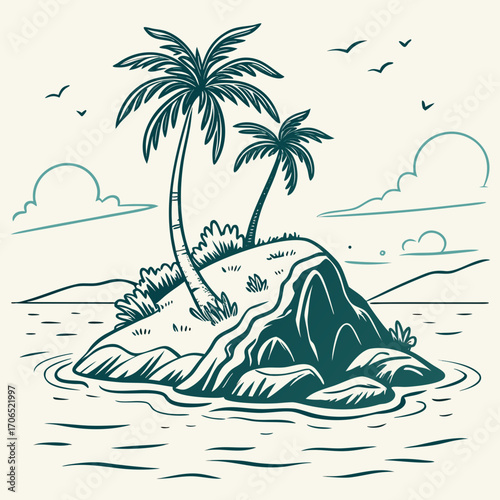 Stylized illustration of a small tropical island with two palm trees and rocky shores surrounded by calm ocean water and distant hills under a cloudy sky with birds flying