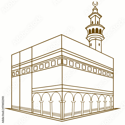 Stylized line drawing of the kaaba in mecca saudi arabia with a crescent moon topped minaret on a white background
