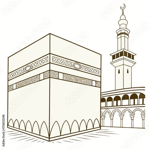Stylized line art illustration of the kaaba in mecca saudi arabia with a minaret and arched colonnade on a white background