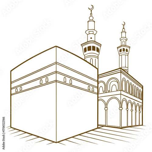 Stylized outline drawing of the kaaba in mecca with surrounding architecture and minarets against a white background symbolizing islamic pilgrimage and faith