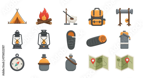 Flat Design Camping Icons Set, Including Tent, Fire, Backpack, Lantern, Sleeping Bag, and Map.