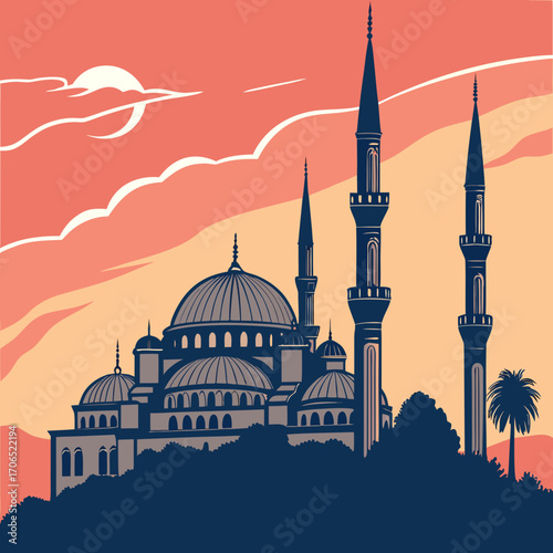 Stylized silhouette of the blue mosque in istanbul at sunset with a dramatic orange and yellow sky and wispy clouds