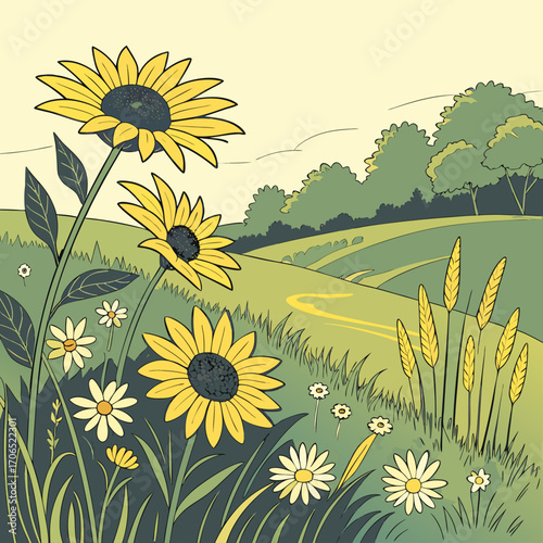 Vibrant yellow sunflowers and delicate daisies bloom in a lush green meadow with rolling hills and a winding path under a pale sky