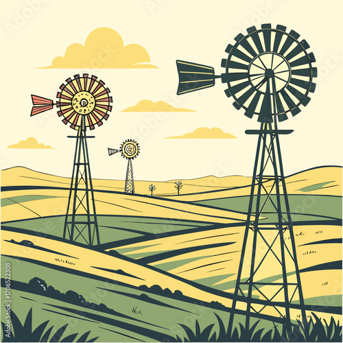 Vintage american farm landscape with three classic windmills standing tall against a backdrop of rolling hills and a pale yellow sky with fluffy clouds