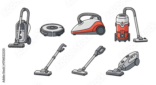 Illustrated set of various vacuum cleaner models, from upright to robotic, in a detailed sketch style.