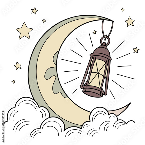 Whimsical crescent moon adorned with a vintage lantern and twinkling stars set against a backdrop of soft clouds evoking a magical night sky