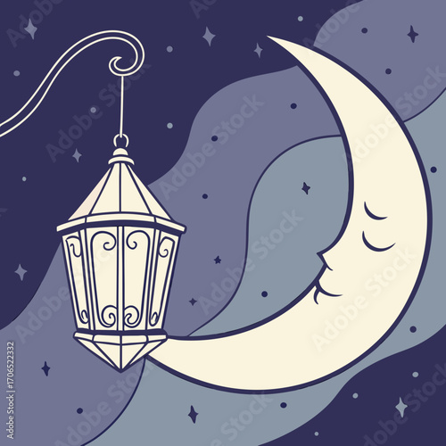 Whimsical crescent moon with a sleeping face and a hanging lantern illuminate a starry night sky with gentle waves of color