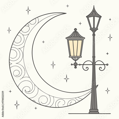 Whimsical crescent moon with decorative swirls illuminated by a vintage street lamp and surrounded by twinkling stars on a soft cream background
