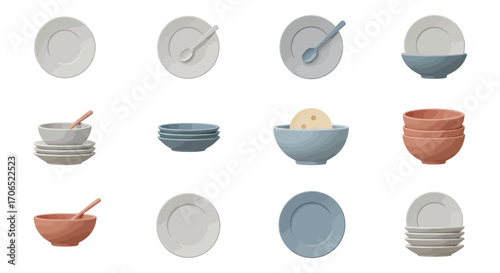 Realistic Set of Ceramic Dinnerware - Plates and Bowls in Muted Blue, Grey, and Terracotta Tones.