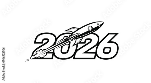 A sketch of a rocket ship flying over the year two thousand and sixteen in black and white style