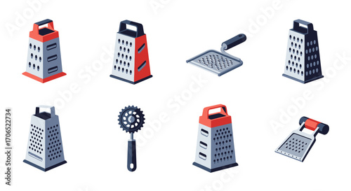 Set of illustrated kitchen graters in various styles, including box, flat, and rotary designs with red and black handles.