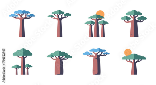 Set of stylized African baobab tree illustrations in a flat vector design with thick trunks and colorful canopies.
