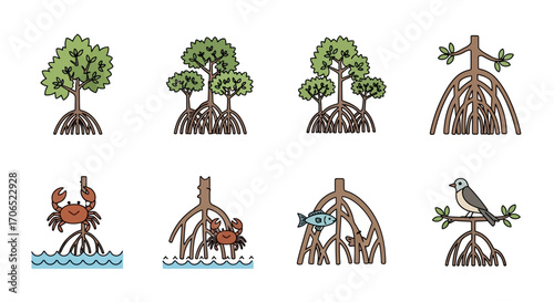 Stylized Mangrove Ecosystem Icon Set with Trees, Prop Roots, Crab, Fish, and Bird Illustrations.