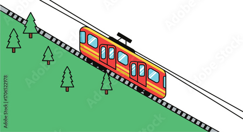 illustration of a red funicular railway car ascending a steep, green mountainside. Small evergreen trees are visible along the tracks. Motion lines suggest upward movement.