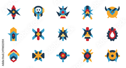 Vibrant abstract geometric flat design icons set, featuring diverse futuristic shapes and patterns.