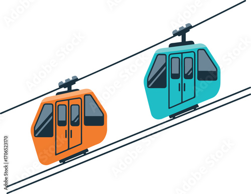 The illustration shows two cable cars, one orange and one teal, moving along diagonal parallel cables against a plain white background.
