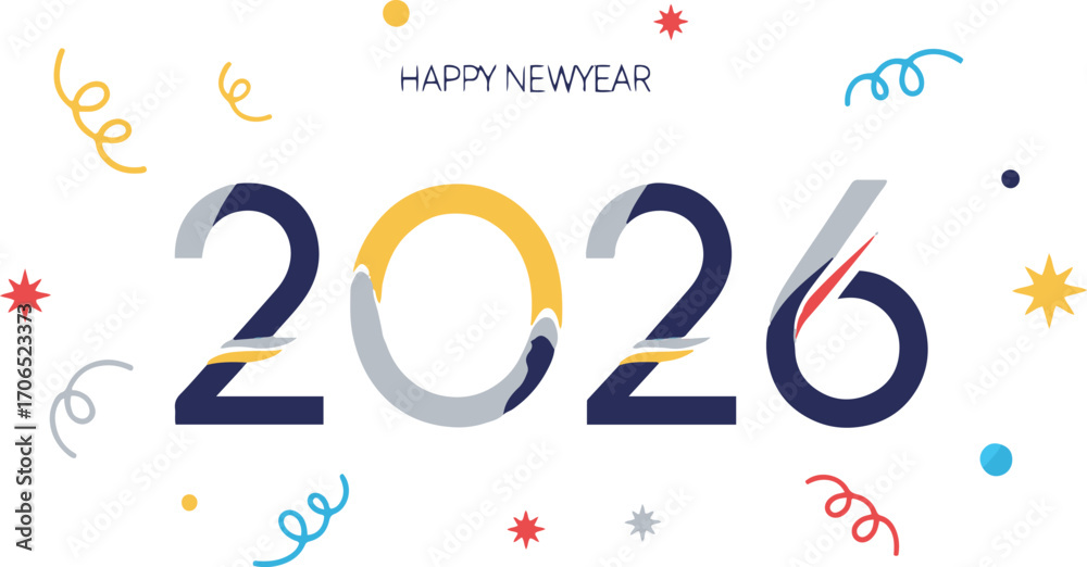 Obraz premium Happy New Year 2026 text with festive confetti, streamers, and colorful celebration elements, vector illustration.