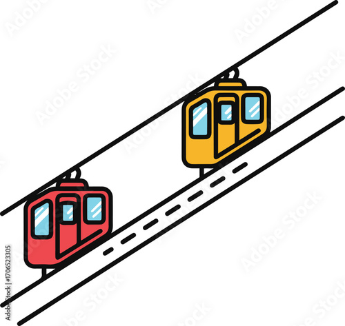 A whimsical illustration depicts two cable cars ascending a steep mountain incline. One car is red, the other yellow, each carrying passengers on a scenic journey upward. 