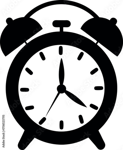 Black Silhouette of Mechanical Analog Alarm Clock with Hammer and Bell Detail
