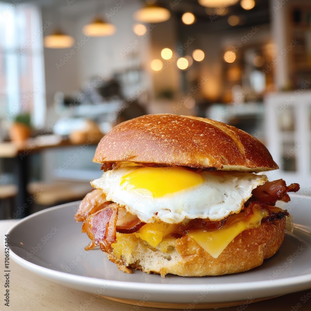 custom made wallpaper toronto digitalGourmet Bacon and Egg Breakfast Sandwich on a Pretzel Bun in a Sunlit Cafe.