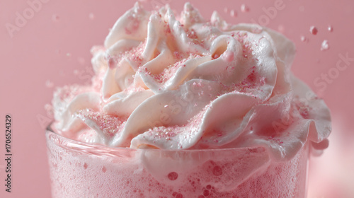A macro close up of a pink smoothie mixed with whip cream in a glass.