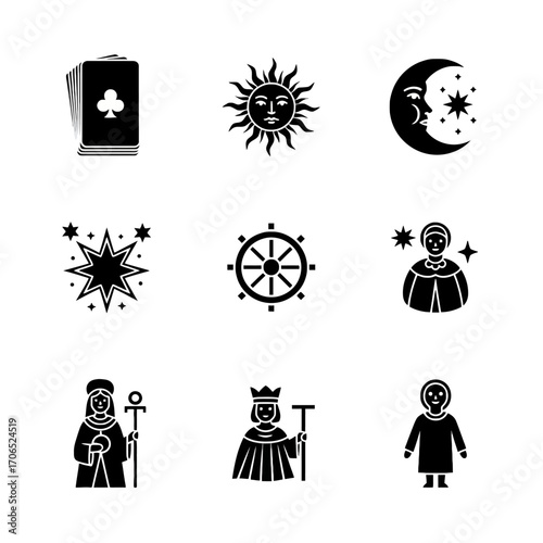Elegant Flat Black And White Tarot Icons Set For Spiritual And Mystical Designs