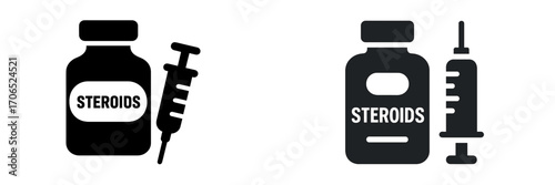 Stylized representations of steroid bottles and syringes highlighting substance use and health implications in a health context