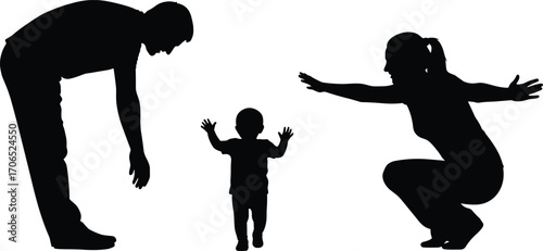 Family interaction silhouette vector illustration, parent and child bonding icon, early childhood development design, caregiving and support moment graphic clipart