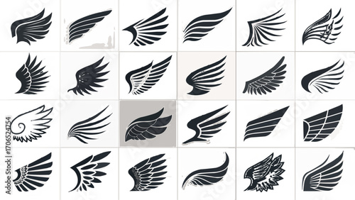 Collection of various stylized black and white wings in different shapes and orientations displayed