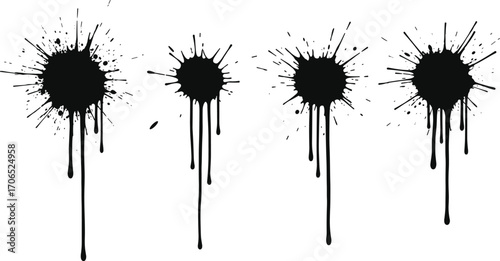 Ink splatter silhouettes vector illustration, dripping paint blot icon set, grunge splash design, artistic stain graphic, abstract liquid drop texture clipart
