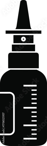 Black nasal spray bottle silhouette vector illustration, medical container icon, allergy relief design, sinus treatment symbol, pharmaceutical packaging graphic, isolated healthcare clipart