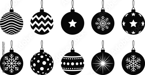 Black and white Christmas ornaments, festive holiday decorations, snowflake and star designs, patterned baubles, seasonal celebration, winter decor, decorative elements, vector illustration