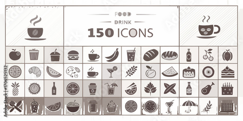 Illustration of a collection of food and drink icons including coffee, fruit, burgers, and desserts in grid format