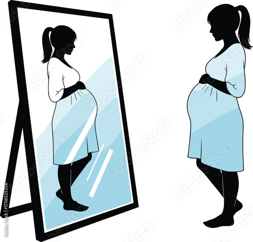 Pregnant woman with mirror reflection silhouette vector illustration, maternity and motherhood icon, pregnancy body image design, expecting mother graphic clipart