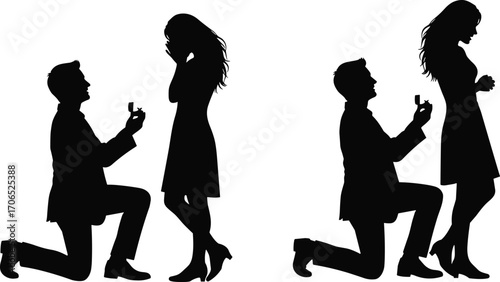 Marriage proposal silhouettes vector illustration, romantic couple engagement icon set, man kneeling with ring design, love and relationship moment graphic clipart