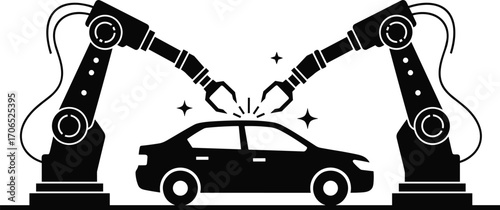 Robotic arms assembling car silhouette vector illustration, automotive manufacturing automation icon set, industrial robot design, factory production technology graphic clipart